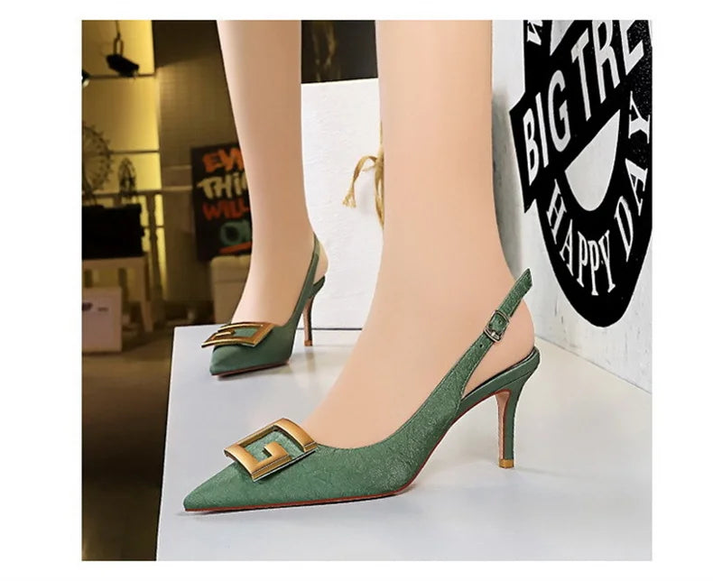 Metal Square Buckle Thin Heel Party Shoes Black Green White Woman Pointed Toe Hollow Back Strap Pumps Middle Heel Sandals - Clikcy