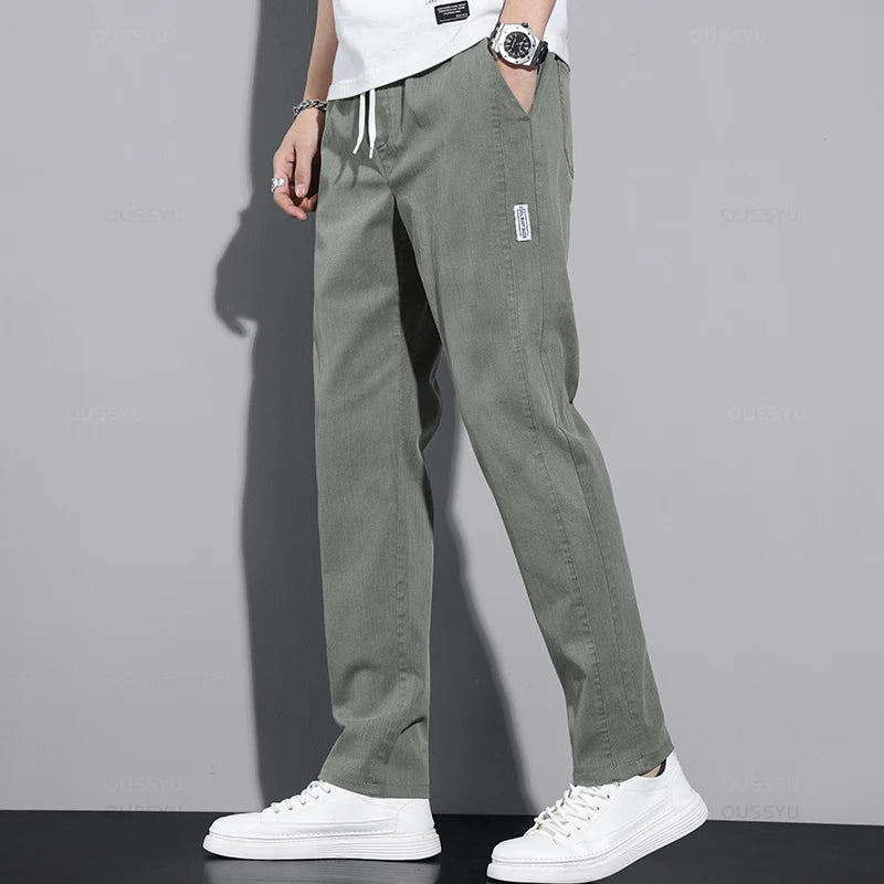 New Spring Summer Cotton Men's Casual Pants Classic Drawstring Elastic Waist Thin Stretch Blue Jogging Work Cargo Trousers Male - Clikcy