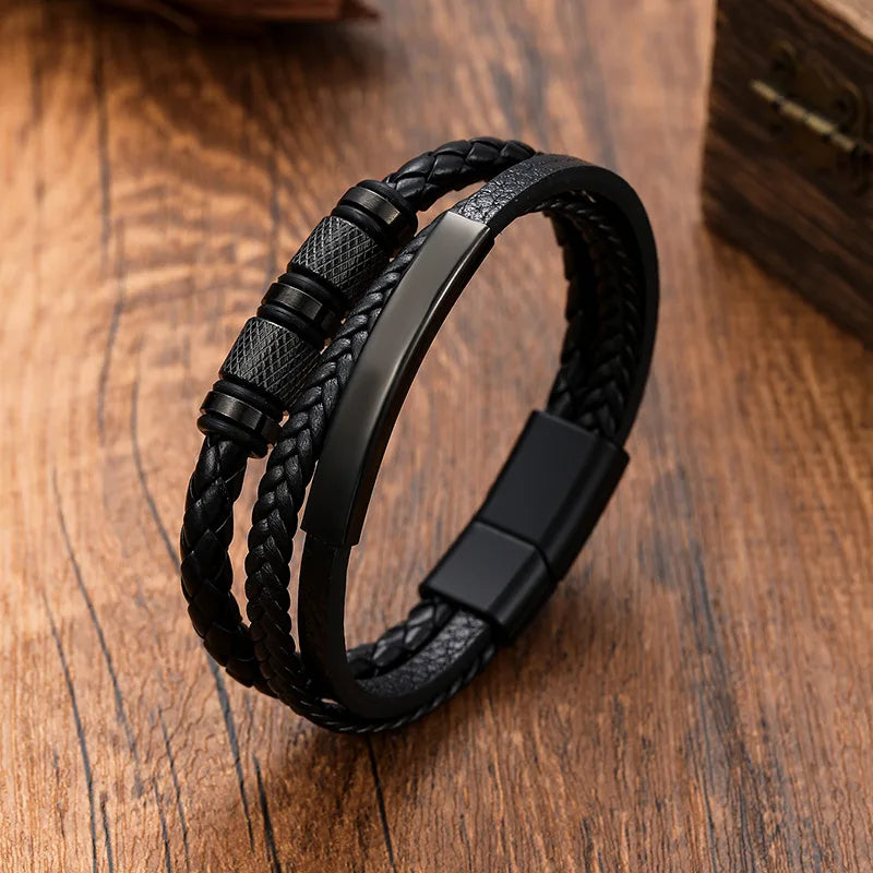 Chunky Leather Bracelets for Men Boys,Multi-layer Bracelets with Stainless Steel Bend Tag,Casual Jewelry Gift to Father Husband - Clikcy