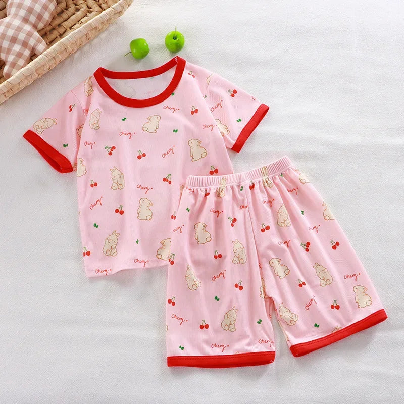 2024 New Boys Girls Summer Thin Clothing Sets Kids Cute Cartoon Print Short Sleeve T-Shirt Tops with Shorts Toddler Baby Pajamas - Clikcy