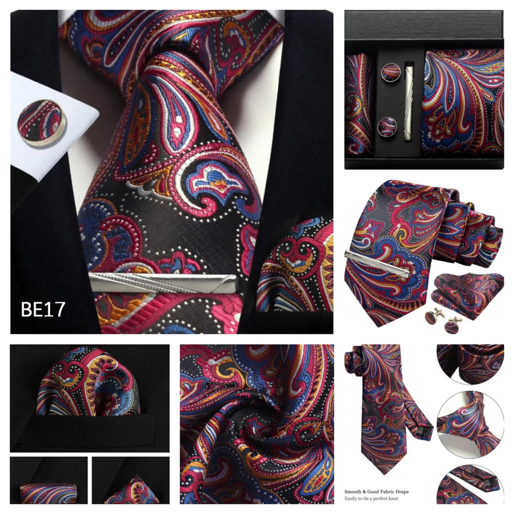 100% Silk Necktie Paisley Floral Mens Tie Top Quality Business Tie Pocket Square Tie Clip Cufflinks Set Classic For Men Gift Box - Clikcy