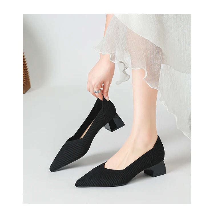 Women's large high-heeled shoes Multicolor pointy knit breathable comfortable anti-skid rubber sole work shoes 2023 new autumn