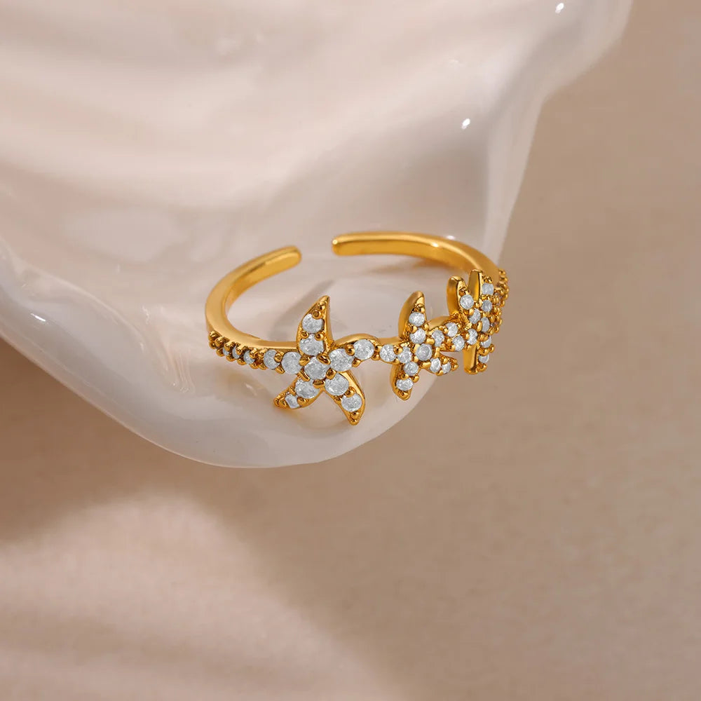 Ocean Starfish Shell Open Rings For Women Gold Color Stainless Steel Ring Summer Beach Aesthetic Waterproof Jewelry Gift - Clikcy