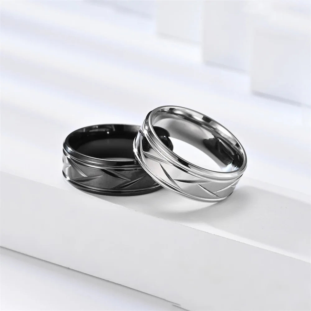 Fashion Men’s Silver Color Black Stainless Steel Ring Groove Multi-Faceted Ring for Men Women Engagement Ring Anniversary Gifts - Clikcy