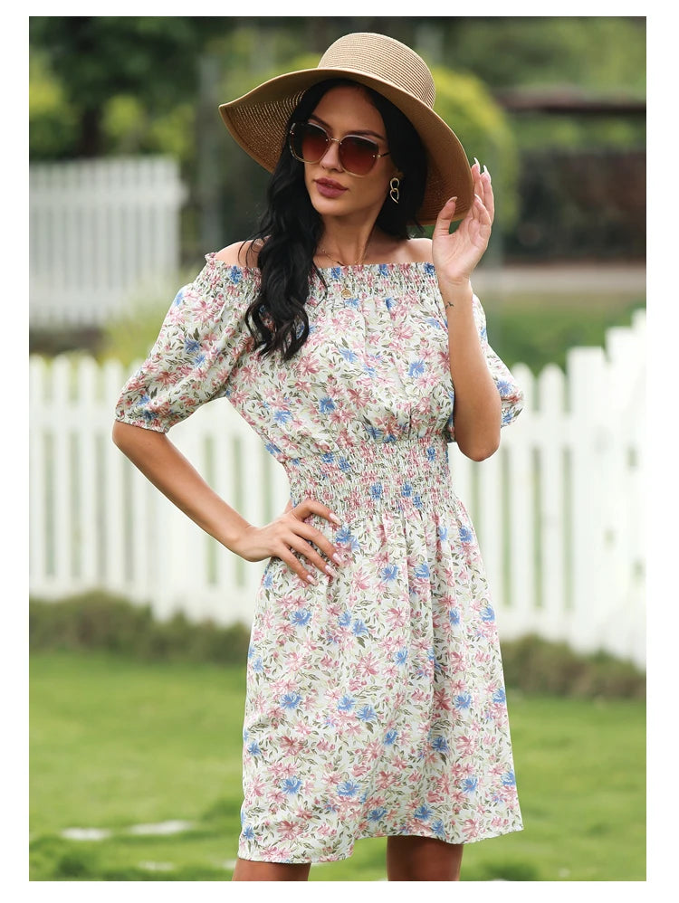 2025 Spring and Summer New Women's Random Printed Pullover Dress One Collar Midi Dress Beach Seaside Holiday - Clikcy