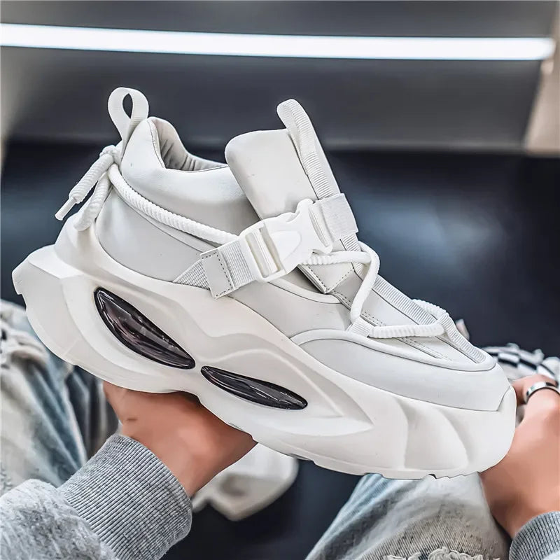 Waterproof Thick Bottom Dad Shoes Outdoor Sports Black Leather Surface Pure Color Spring Autumn Seasonal Style Casual Sneakers