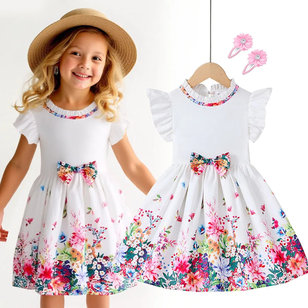 New Kids Girl Dress Summer Floral with Bow Fashion White Vestidos Short Sleeve Children Clothing Outfits Casual Daily Dresses - Clikcy