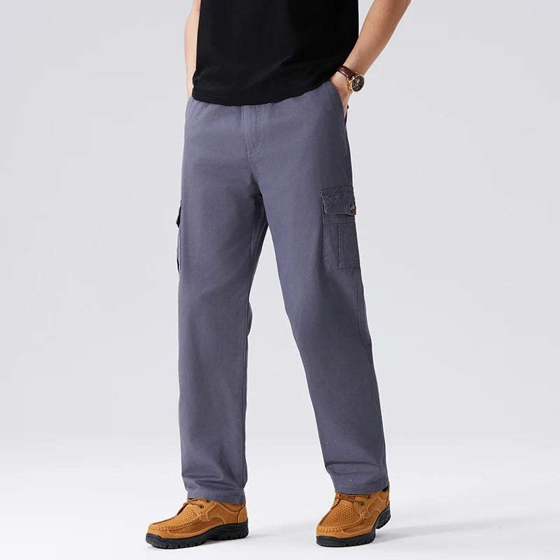100% Cotton Men's Cargo Pants Straight Fit Loose Work Trouser Male Spring Summer High Waist Big Size Large Plus Elastic Pocket - Clikcy