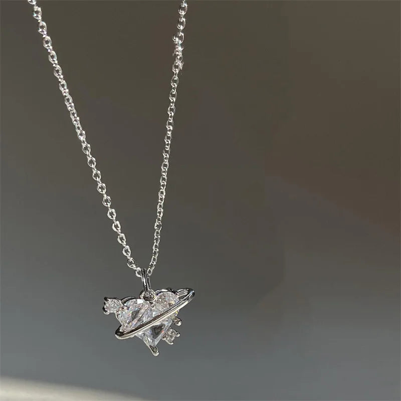 Y2K Pink Planet Heart Zircon Pendant Necklaces Women Fashion Aesthetic Clavicle Chain Necklace Valentines Day Gift Party Jewelry - Clikcy