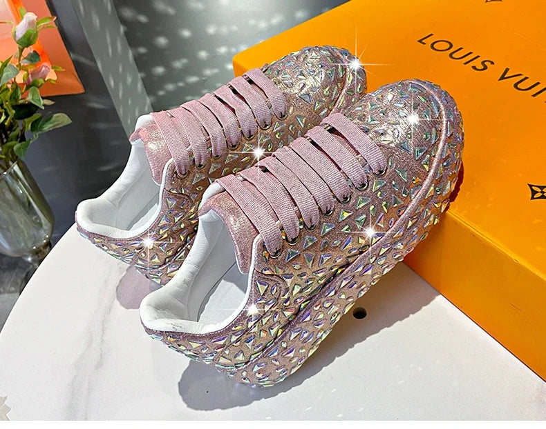 2025 Autumn Leather Women Shoes New Style Fashion Platform Shoes Ins Platforms Sneakers Tide Shine Bling Rhinestone Shoes - Clikcy