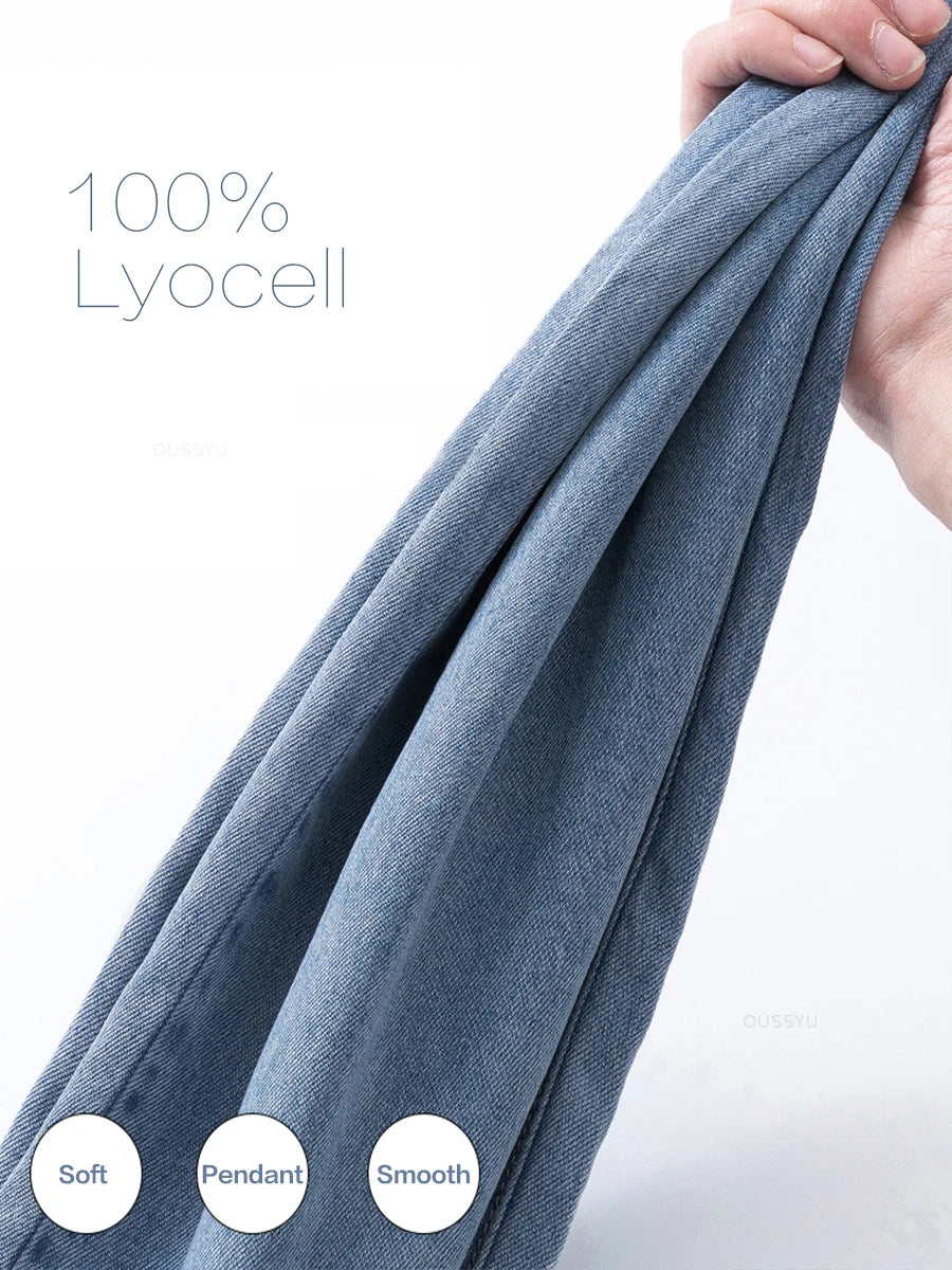 Summer High Quality Cozy Soft 100%Lyocell Fabric Jeans Men Elastic Waist Denim Trousers Korea Loose Straight Blue Casual Pants - Clikcy