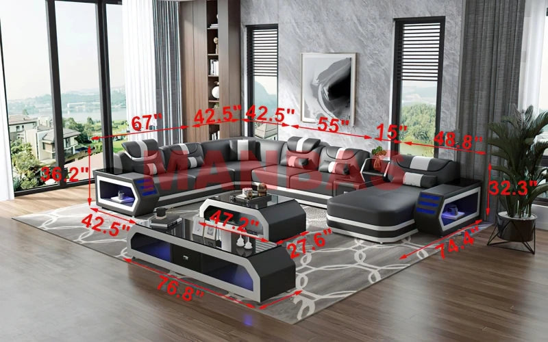 MANBAS Italian Genuine Leather Sectional Sofa with LED Lights | Futuristic Furniture U Shape Couch Living Room Big Sofas Set - Clikcy