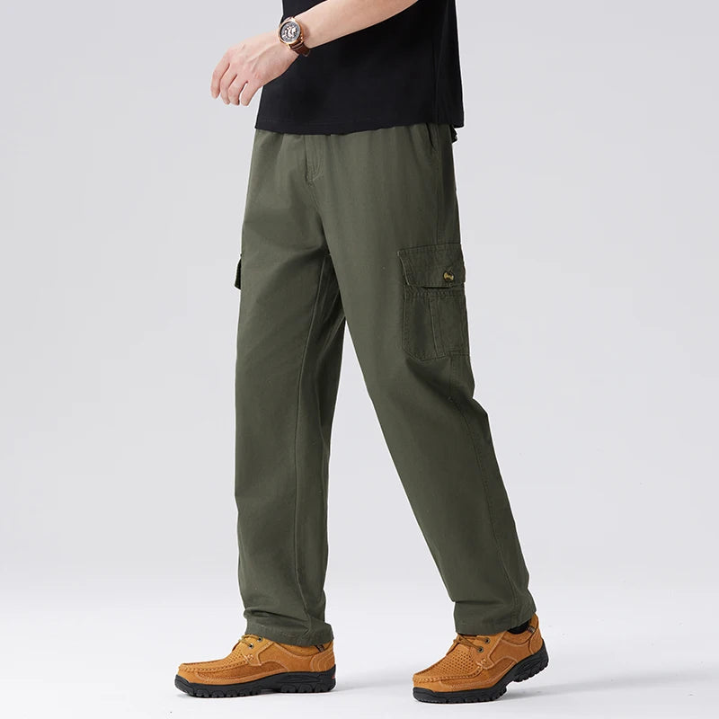 100% Cotton Men's Cargo Pants Straight Fit Loose Work Trouser Male Spring Summer High Waist Big Size Large Plus Elastic Pocket - Clikcy