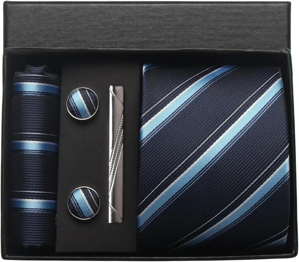 Classic 100% Silk Men's Ties In Gift box 8cm Plaid Dot Striped Business Necktie Handkerchief Cufflinks Wedding Party Tie Set
