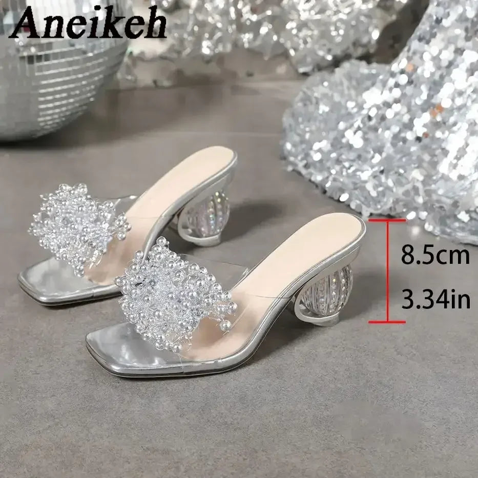 Aneikeh 2025 New Women's Water Diamond Flower Sandals with Transparent Thick Bottom Party Dress PVC Slippers Mules High Heels - Clikcy