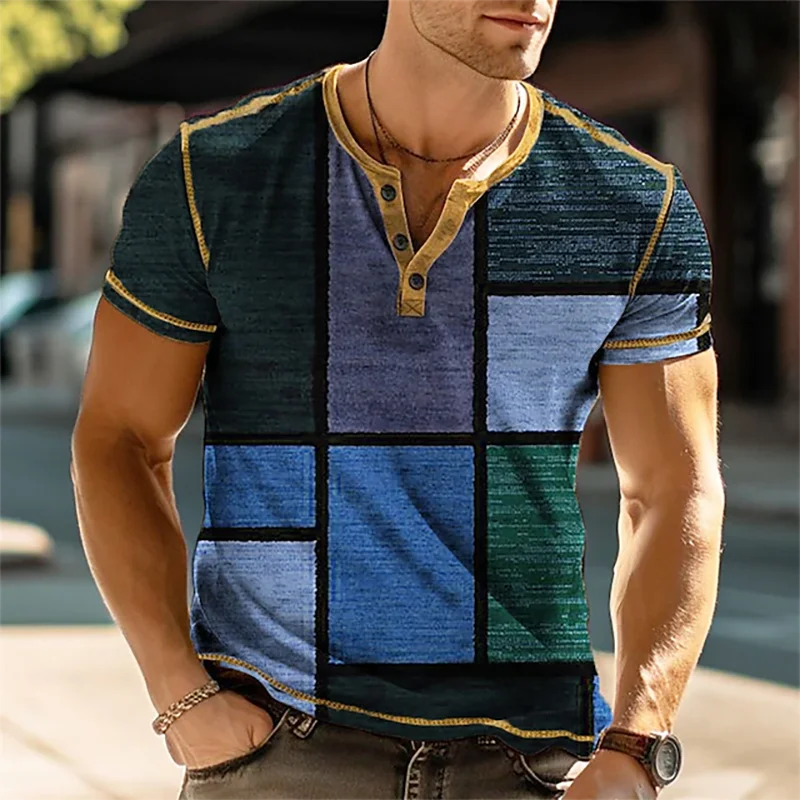 3D Print Patchwork Color Block Vintage Henley Shirts Men's Fashion Oversized Button-Up Short Sleeve T-Shirts Tops Clothes - Clikcy