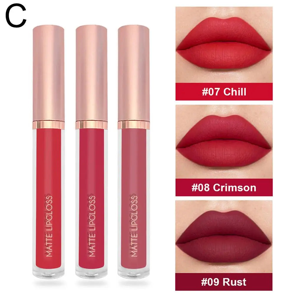 3Pcs Matte Liquid Lipstick Lip Makeup Kit Lip Gloss Lip Glaze Lip Mud Three Sets Of Velvet Mist Lipstick Non-fading - Clikcy