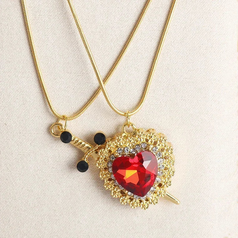 LATS 2pcs Can Be Assembled Heart and Sword Zircon Pendant Necklace for Women Men Couple Silver Gold Plated Choker Chain Jewelry - Clikcy