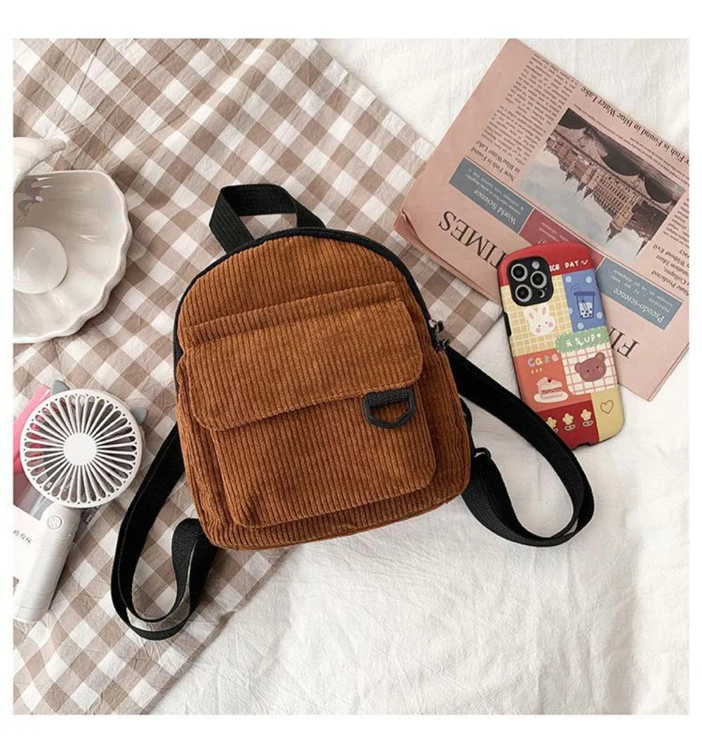 Women's Mini Backpack Fashion Solid Color Corduroy Small Simple Casual Traveling Large Capacity Durable Female's Schoolbag