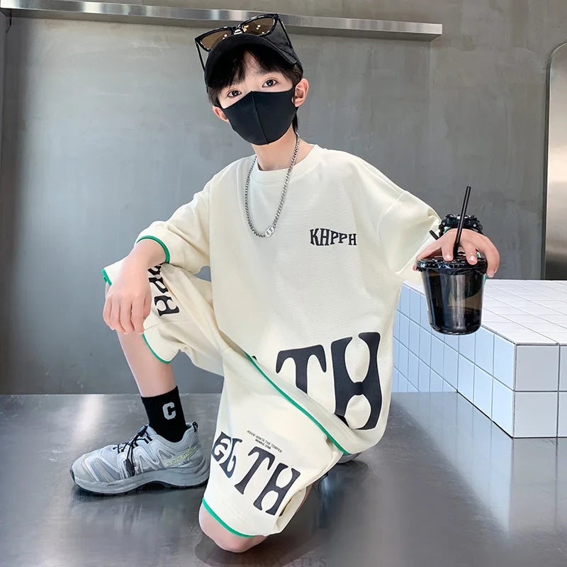 Children Summer Clothing Set For Boys Letter Print Sport Suit Kids Teenager Cotton Outfits Casual Short Sleeve Tracksuit Costume - Clikcy