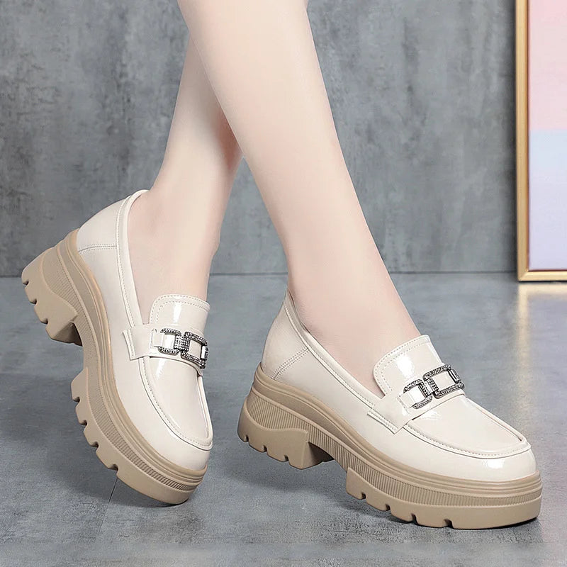 Platform Loafers New Women's Shoes Soft Leather Thick Heels British Small Round Toe Metal Decoration White Leather Shoes - Clikcy