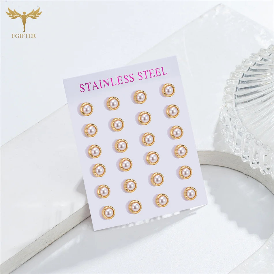 12 Pair Round Pearl Earrings for Women Girl Simple Ear Piercing Jewelry Golden Stainless Steel Stud Earrings Set Fashion Jewelry - Clikcy