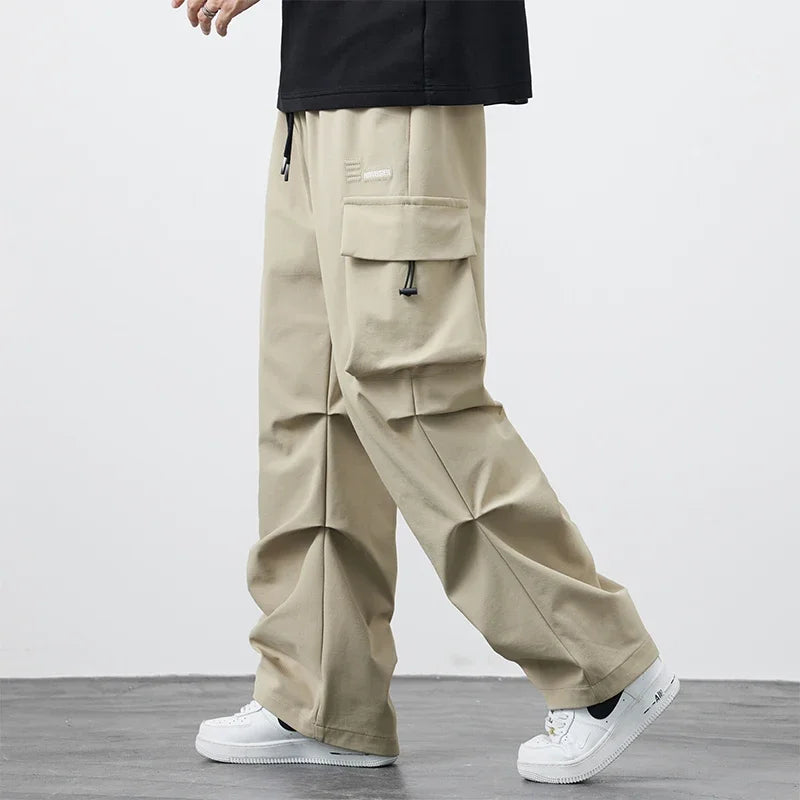 New Plus Size 8XL Men Casual Straight Pants Trousers Ice Silk Fashion Hip Hop Sweatpants Outdoor Stand Pocket Cargo Pants Y2K - Clikcy