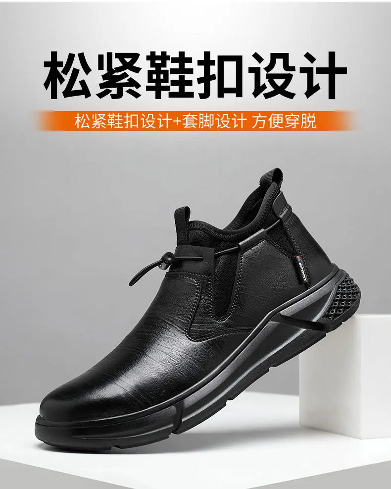 Black Leather Men Waterproof Shoes Work Safety Shoes Steel Toe  Men Sneakers Wear-resistant Indestructible Construction Man Boot