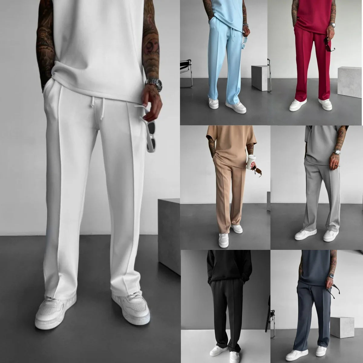 New men's casual pants, stylish and comfortable elastic waist drawstring single-line pleated solid color pocket mops pants - Clikcy