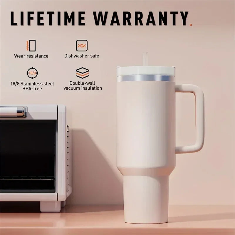 40oz 304 Stainless Steel Insulated Water Bottle,Thermal Coffee Car Cup, Cold Hot Mugs Vacuum Flask With Handle Straw,For Sport - Clikcy