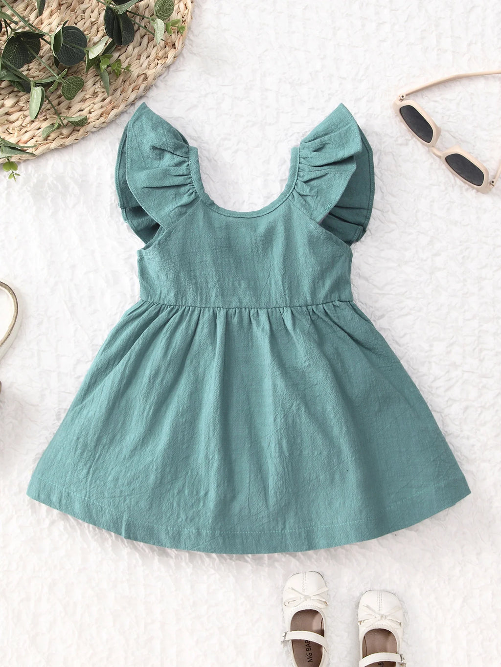 Summer Back Bow Children Girls Flutter Sleeve Princess Dresses Ruffle Sleeve Linen Cotton Baby Kids Dress - Clikcy