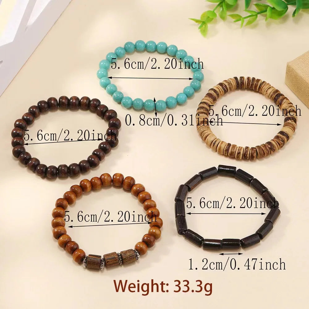 Cross Life Tree 5Pcs/set Vintage Bronze Ethnic Casual Wood Beads Feather Charm Leather Women Bracelets Men Male Jewelry - Clikcy