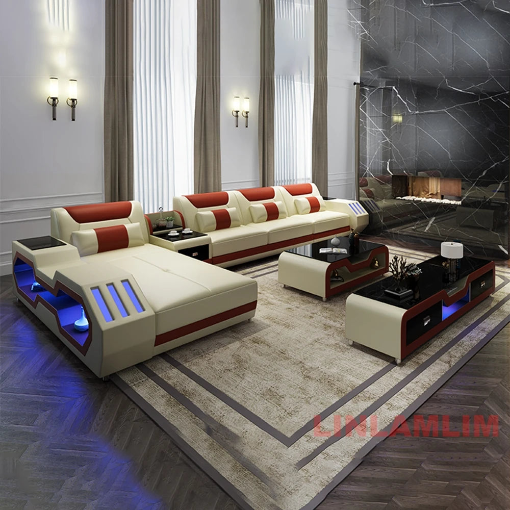 Modern LED Lighted Sofa Set with Recliner, Adjustable Headrest & Console | Luxury Leather Sectional Couch | Futuristic Furniture - Clikcy