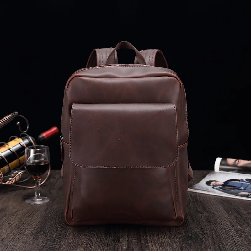 Retro Fashion Laptop Backpack Men Korean Style Flap Men's Backpacks High Quality PU Leather Travel Back Bag Student Schoolbags - Clikcy
