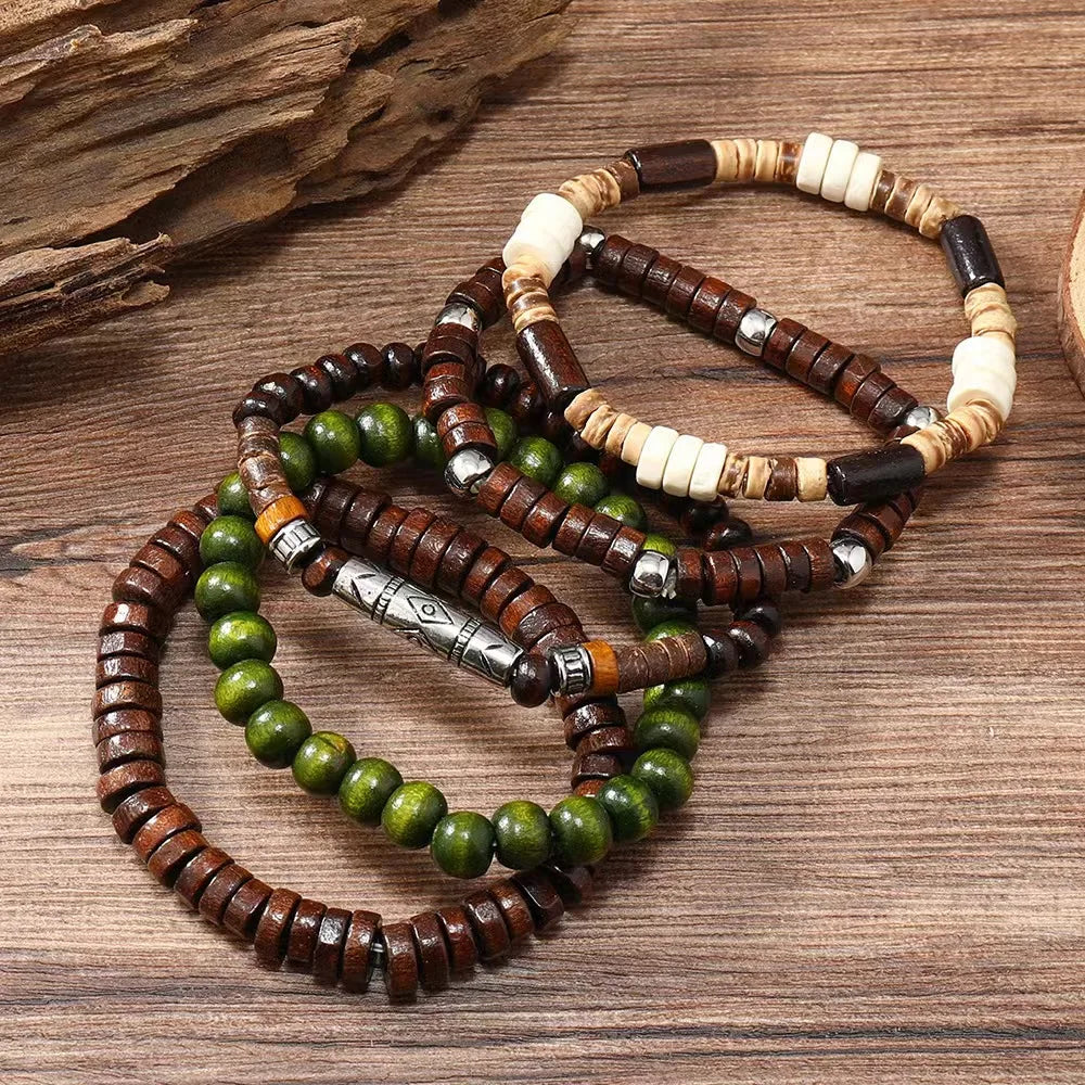 Cross Life Tree 5Pcs/set Vintage Bronze Ethnic Casual Wood Beads Feather Charm Leather Women Bracelets Men Male Jewelry - Clikcy