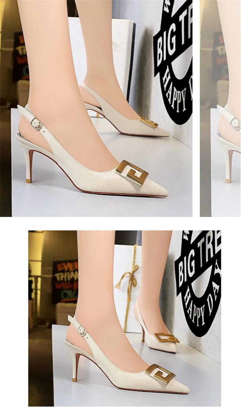 Metal Square Buckle Thin Heel Party Shoes Black Green White Woman Pointed Toe Hollow Back Strap Pumps Middle Heel Sandals - Clikcy