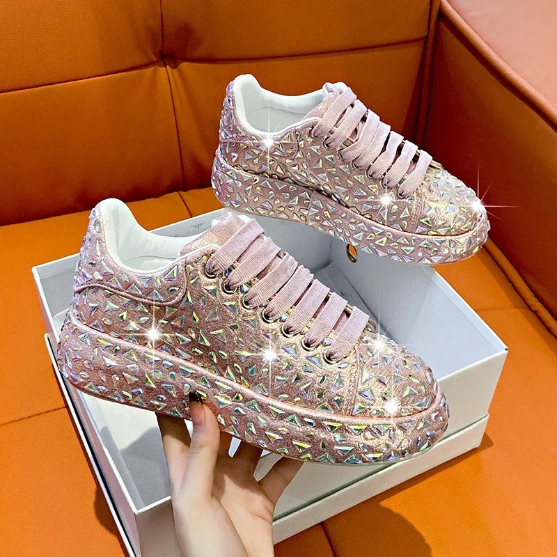 2025 Autumn Leather Women Shoes New Style Fashion Platform Shoes Ins Platforms Sneakers Tide Shine Bling Rhinestone Shoes - Clikcy