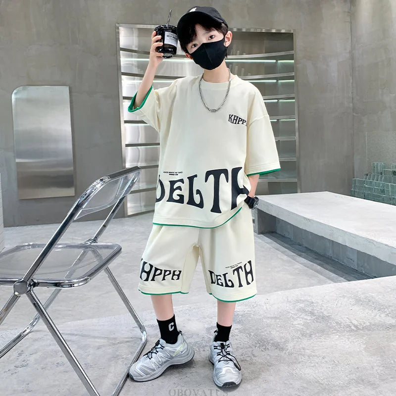 Children Summer Clothing Set For Boys Letter Print Sport Suit Kids Teenager Cotton Outfits Casual Short Sleeve Tracksuit Costume - Clikcy