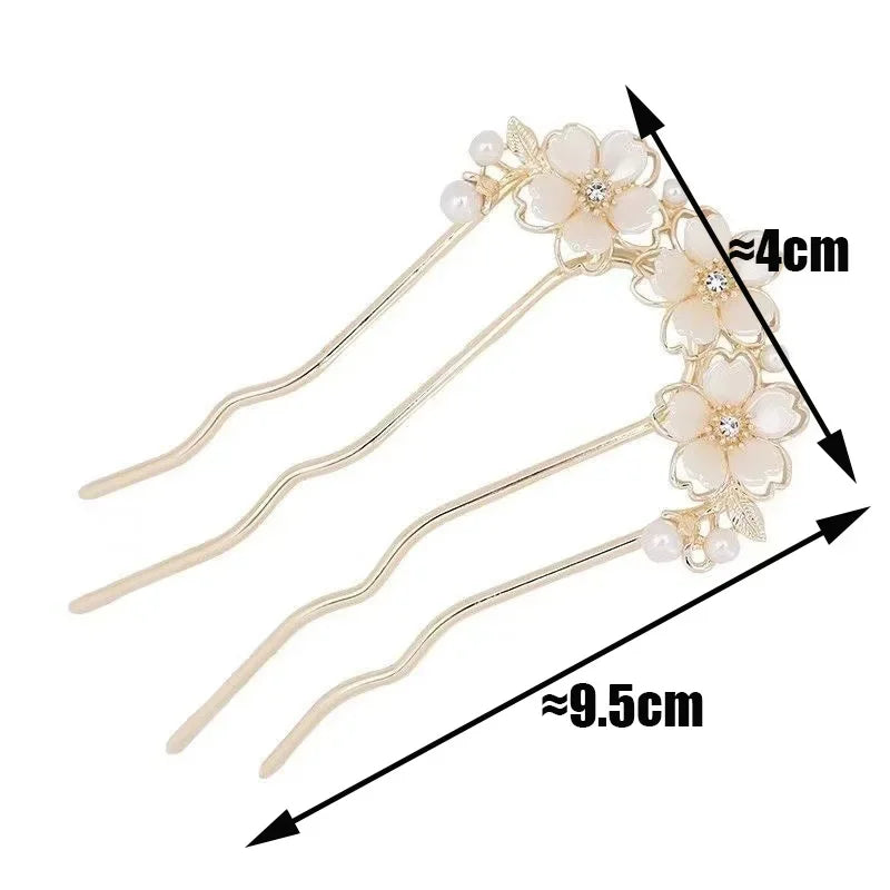 Pearl Flower Wavy Hair Combs for Women Elegant Forest Style U-shaped Hairpin High-end Metal Bun Head Hair Clasp - Clikcy