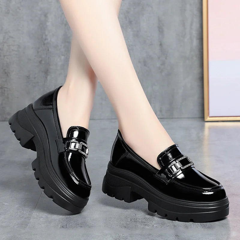 Platform Loafers New Women's Shoes Soft Leather Thick Heels British Small Round Toe Metal Decoration White Leather Shoes - Clikcy