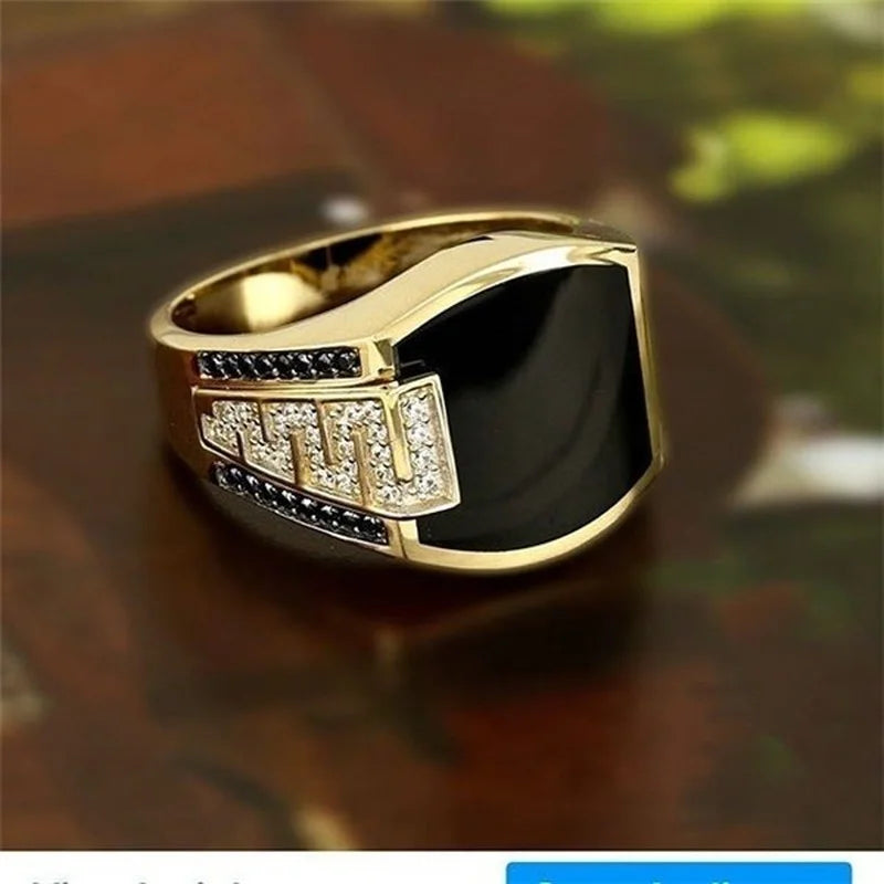 Classic Men's Ring Fashion Metal Gold Color Inlaid Black Stone Zircon Punk Rings for Men Engagement Wedding Luxury  Jewelry - Clikcy