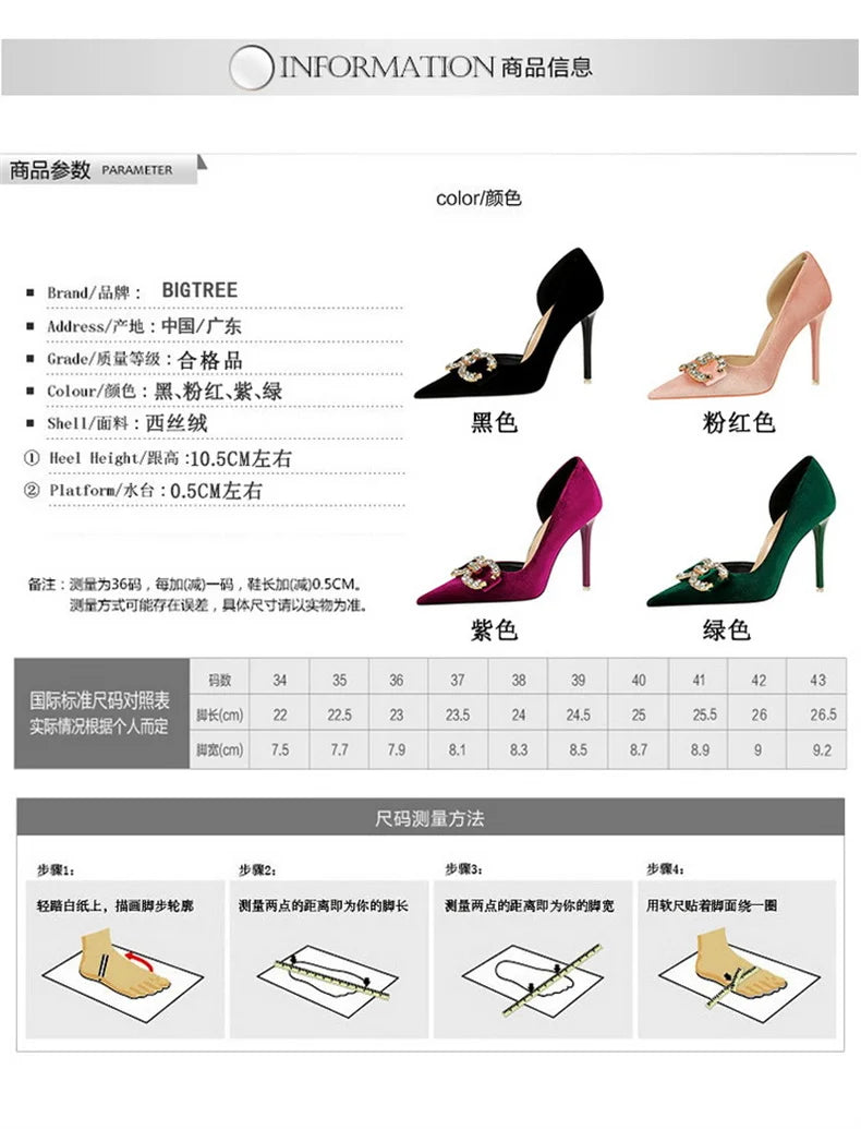 Fashion Women High Heel Rhinestone Buckle Bow Green Pink Pointed Toe Party Pumps Velvet Luxury Elegant Wedding Evening Shoes - Clikcy