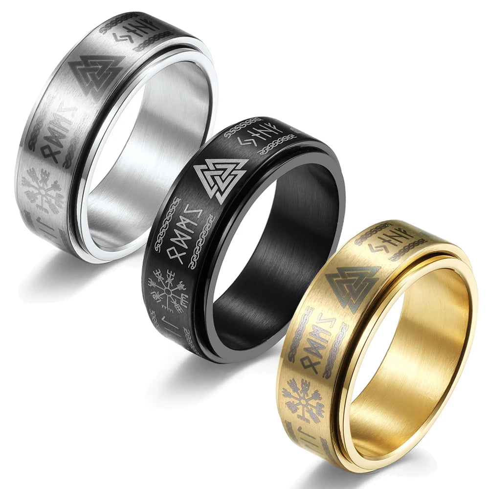 Fashion Stainless Steel Rotate Rotating Anxiety Fidget Rings For Men Vintage Odin Norse Viking Amulet Rune Ring Jewelry Gifts - Clikcy