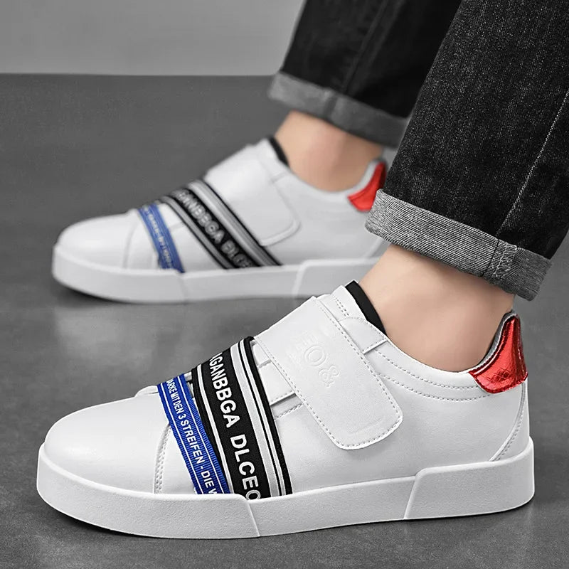 Original Design Leather Sneakers Men Trendy HOOK&LOOP Non-slip Men's Skateboard Shoes Fashion White Casual Sports Shoes For Men - Clikcy