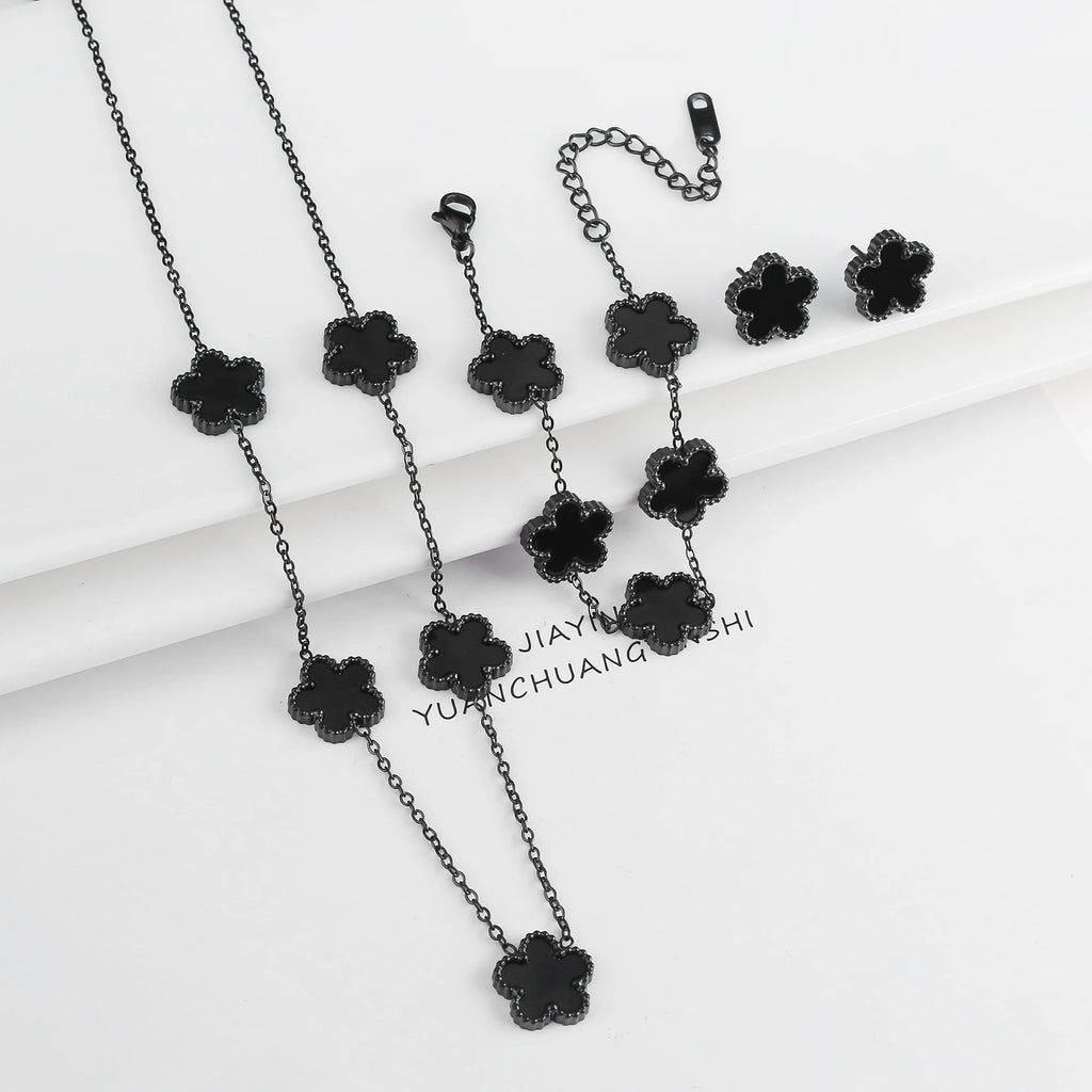 3Pcs 18k Gold-Plated Five-Leaf Flower Necklace Earrings Bracelet Jewelry Set For Woman Fashion Party Jewelry Daily Wear Clover - Clikcy