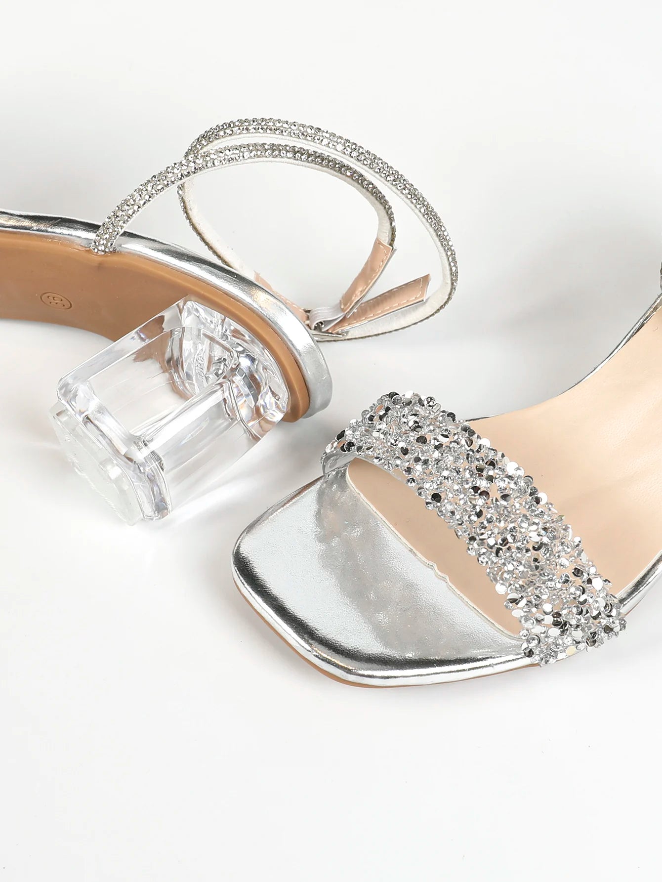 Aneikeh Silvery Fashion Female Crystal Transparent 5.5CM Chunky Heels Sandals for Women Open toe Party Dress Shoe 2025 Summer - Clikcy