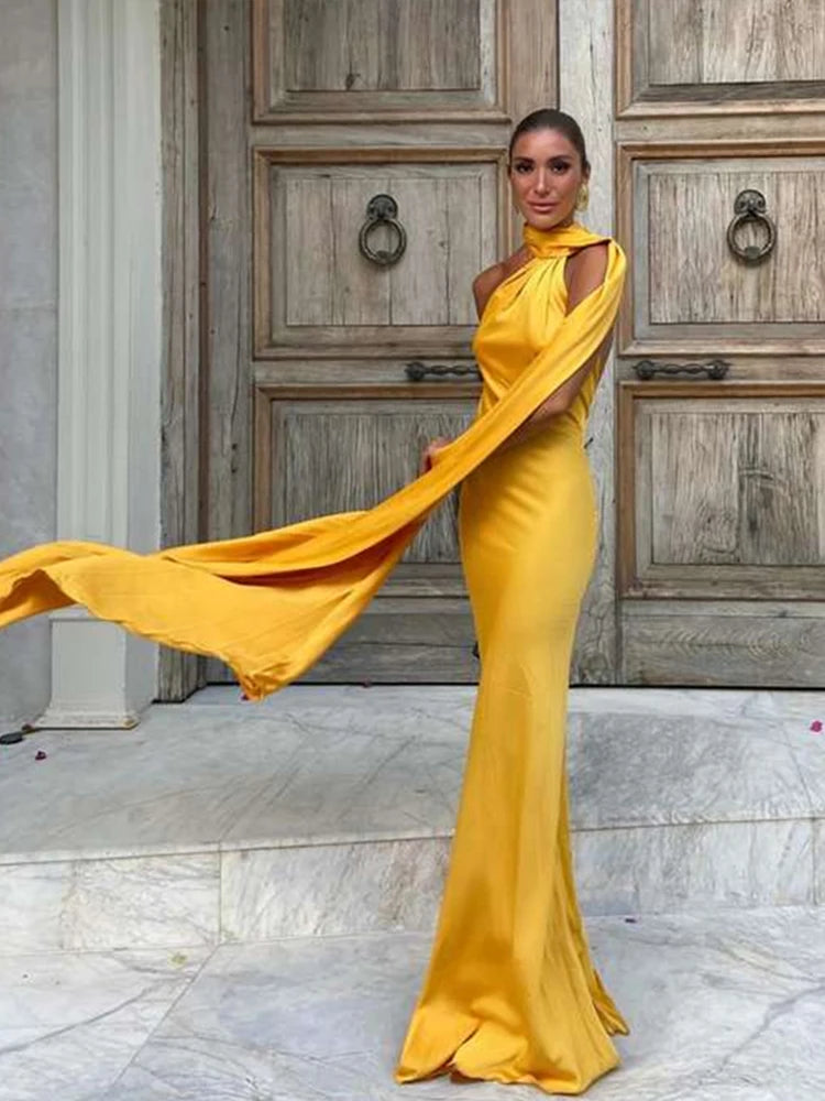 Sexy Satin Ribbon Party Dress Women Elegant Halter Backless Off Shoulder Sleeveless Female Dresses 2024 Summer Solid Robe Gown - Clikcy
