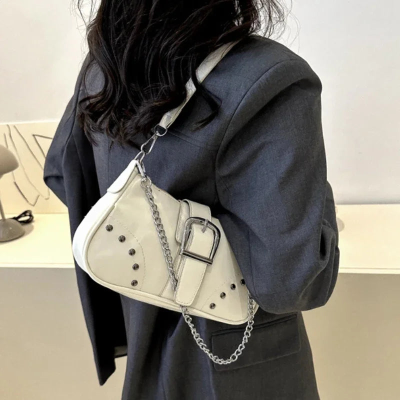 Vintage Rivet Women's Shoulder Bags Solid Color Ladies Underarm Bag Fashion Chain Small Handbags PU Leather Female Tote Purse - Clikcy
