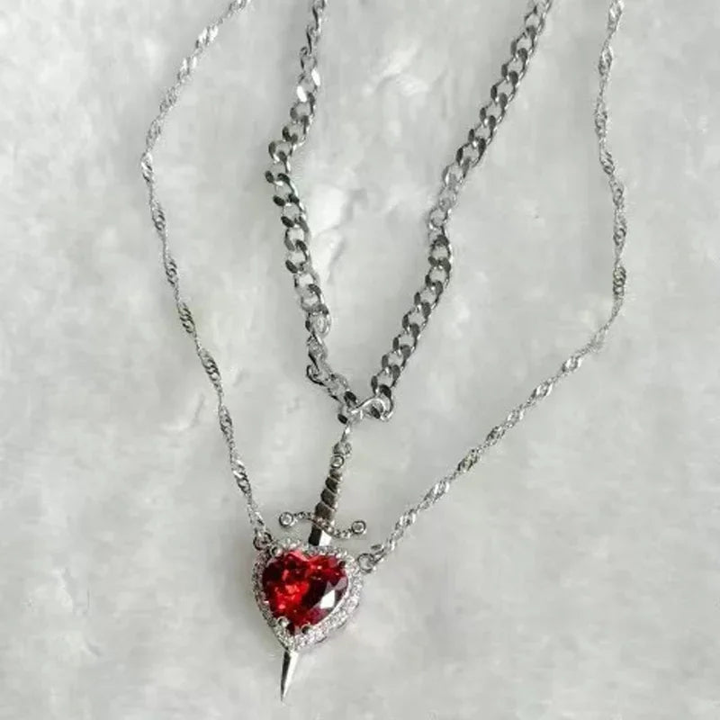LATS 2pcs Can Be Assembled Heart and Sword Zircon Pendant Necklace for Women Men Couple Silver Gold Plated Choker Chain Jewelry - Clikcy