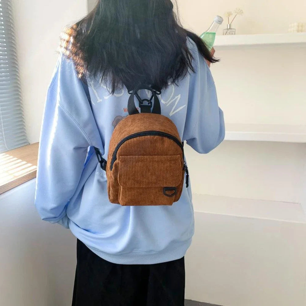 Women's Mini Backpack Fashion Solid Color Corduroy Small Simple Casual Traveling Large Capacity Durable Female's Schoolbag - Clikcy